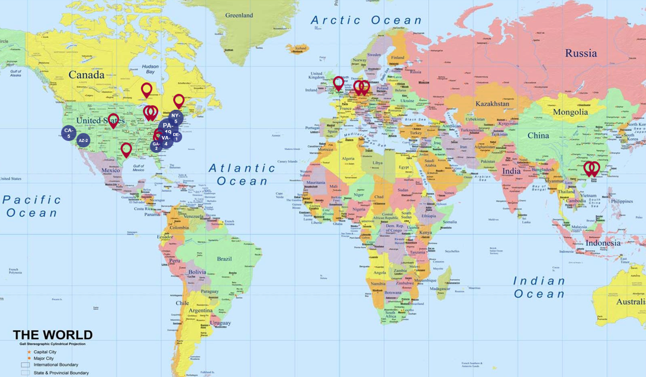 World map with pins of students and company participant locations